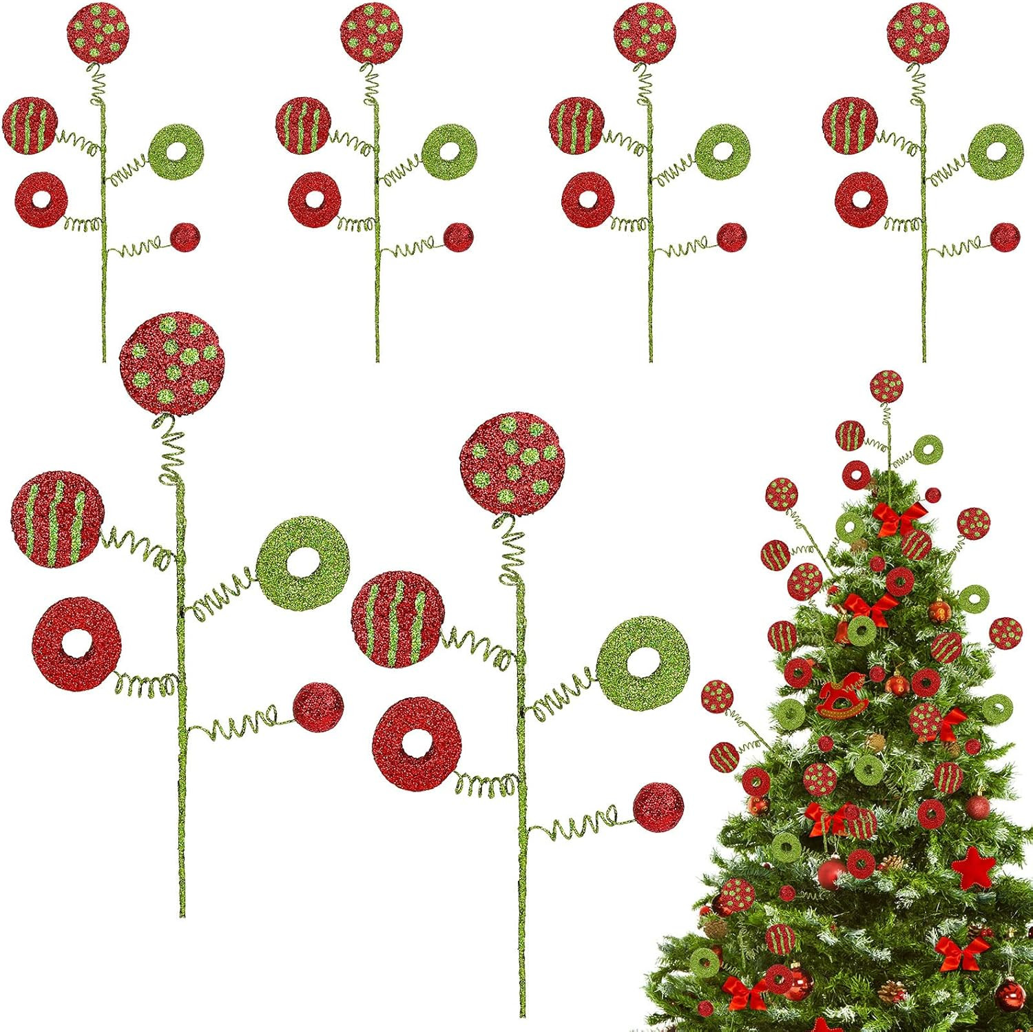 6Pcs Christmas Tree Picks Red Green Xmas Candy Lollipop Twig Curly Foam Picks Gl