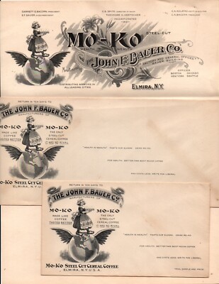 3 Piece lot Letterhead John F. Bauer Mo-Ko Coffee advertising covers Elmira, NY 