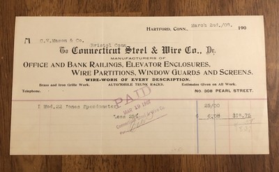 1907 Connecticut Steel & Wire Co. Hartford, Conn. Invoice