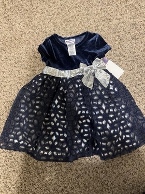 Blueberi Boulevard Girls 2T Velvet Fit & Flare Dress Silver Bow Lined