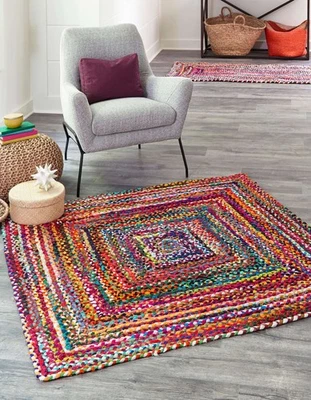 Multicolored Cotton Chindi Rug Hand Woven Recycled Carpet Square - Image 1 of 4