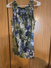Simply Vera Womens top, L, blue and green florals. Raw hem around the top