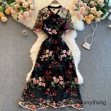 Lady Floral Dress Mesh Short Sleeve Midi See Embroidery Through Lace Black Retro