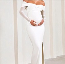 White Club L Maternity Off The Shoulder Long Sleeve dress with slit UK 12