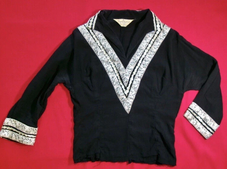 Vtg 1940s 50s DARK Blue Patio Dress Western Skirt Set Silver Metallic Ric Rac - Image 2 of 2