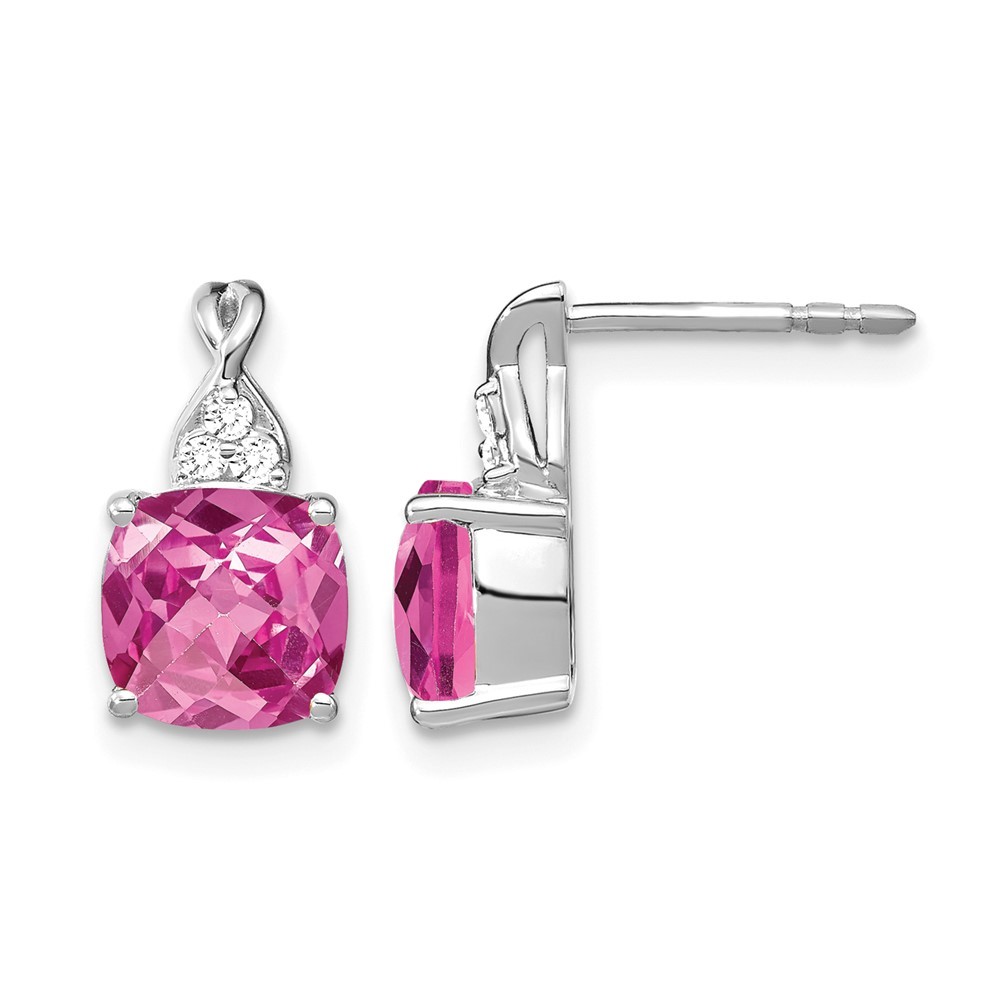 14k White Gold 7mm Lab Created Pink Sapphire and Diamond Drop & Dangle Earrings