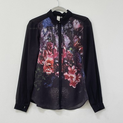 RD STYLE Black Floral Print Long Sleeve Button Blouse Women s Sz S Semi Sheer