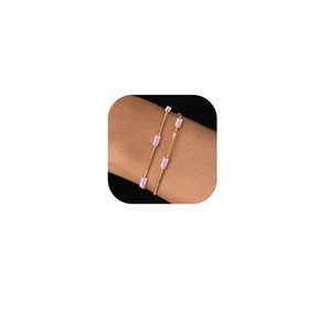 Authentic Birthstone Bracelet for Women 14K Gold Plated Dainty Double Layers Stackable Cub