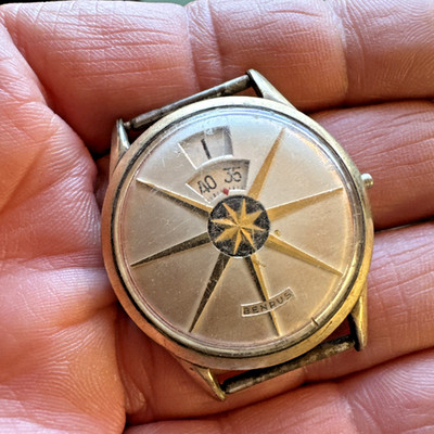 Vintage Benrus Dial-O-Rama Jump Hour 10K RG Plate Mens Watch for Parts orRepair