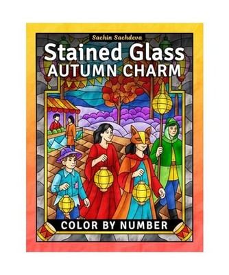 Stained Glass Autumn Charm: Color by Number Coloring Book for Adults, Fall Windo
