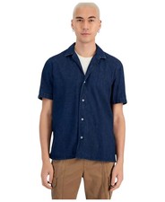 Sun  Stone Mens Regular fit Short Sleeve Button-Up Shirt Large Navy Blue Solid