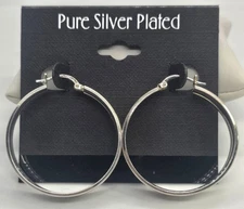Pure Silver Plated Round 1-1/4" Hoop Earrings - Brand New