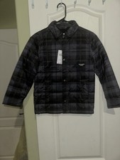 NWT Abercrombie Kids Jacket Boys 7/8 Blue Grey Plaid Snap Button Fleece Lined