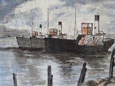Ken Stewart Watercolour Harbour Paddle Steamer Fishing Boat Vintage Painting