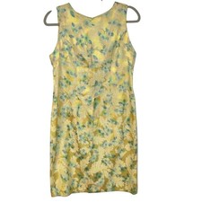 Vintage Yellow Blue Floral Brocade Sheath Dress Sleeveless Jacquard Cocktail