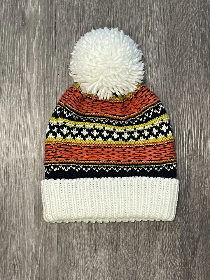 Free People Beanie Knit Fair Isle White, Blue, Orange Pom Pom Winter Hat - Image 3 of 4