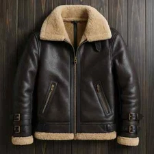 Men’s Brown B3 Shearling Aviator Bomber Jacket Genuine Real Leather-Flying Pilot