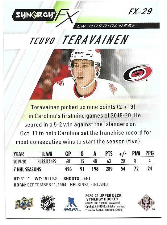 2020-21 Upper Deck Synergy TEUVO TERAVAINEN #FX-29 FX Purple 193/349 - Image 2 of 2