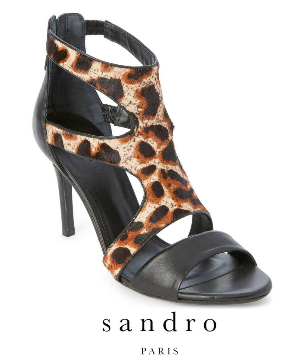 靴 Sandro Cheetah Print Heels Sandro Paris Alessia Black Leather Leopard Print Women Size
