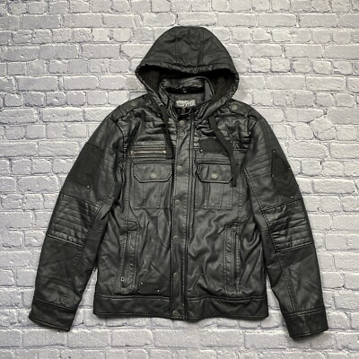 Affliction Mens Black Premium Limited Edition Faux Leather Jacket L Hooded *READ