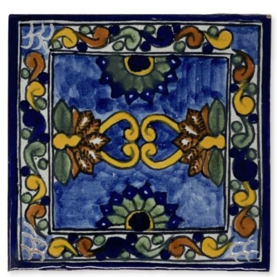 Hand Painted Talavera Tiles Made by La Corona Family Blue & Orange Marigold Tile