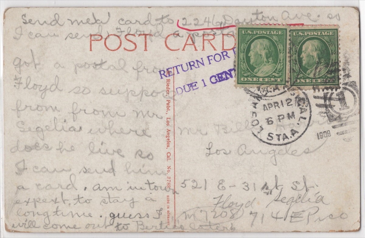 DPO 1909 Los Angeles CA Station Station A Numeral Duplex Postal