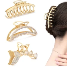 Large Claw Clips for Thick Hair Big Metal Gold Non Slip Pearl Jaw Clamps 3 Pack