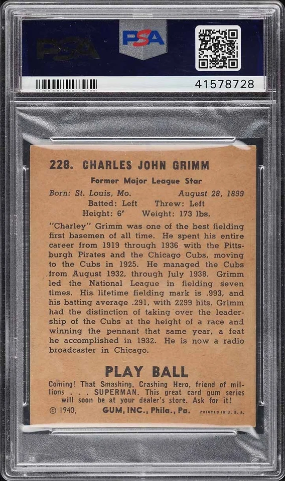1940 Play Ball BB Card #228 Charley Grimm Chicago Cubs HOF PSA 4.5 VGEX+ - Image 2 of 2