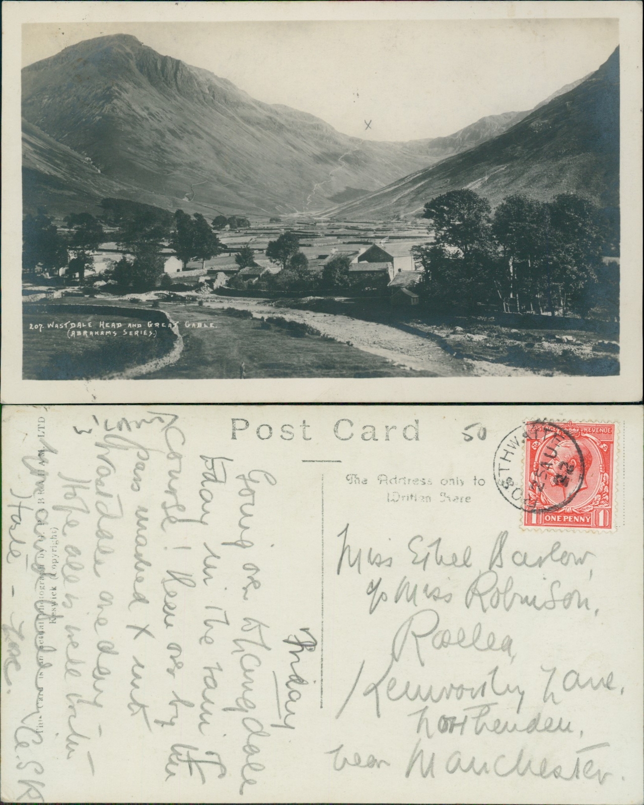 Wastdale Head And Great Gable Abarahams Real Photo RP GB 1922 Posthwaite Cancel