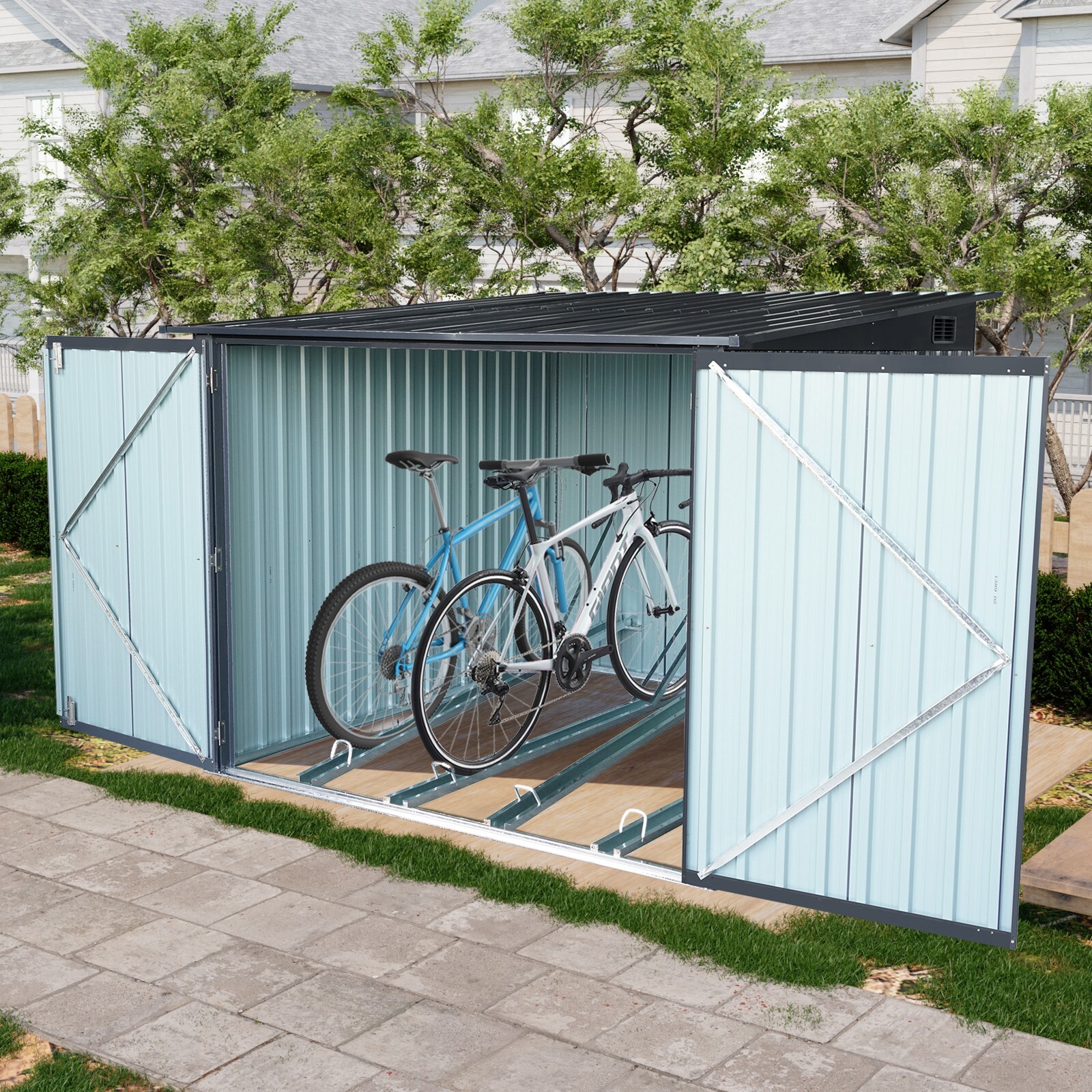 (New) Outdoor Storage Shed for Bicycle Steel with Air Vent and 4 Bike Tracks Black (389.99 USD)