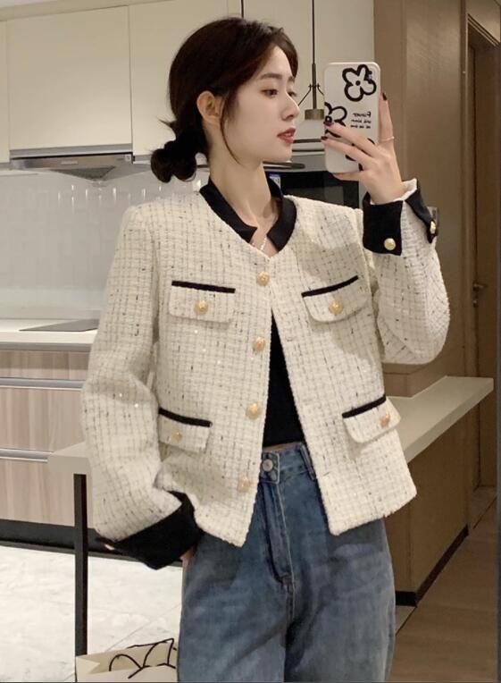 Women's 2023 Korean Fashion Tweed Two Tone Stand Collar Women's 2023 Korean Fashion Tweed Two Tone Stand Collar