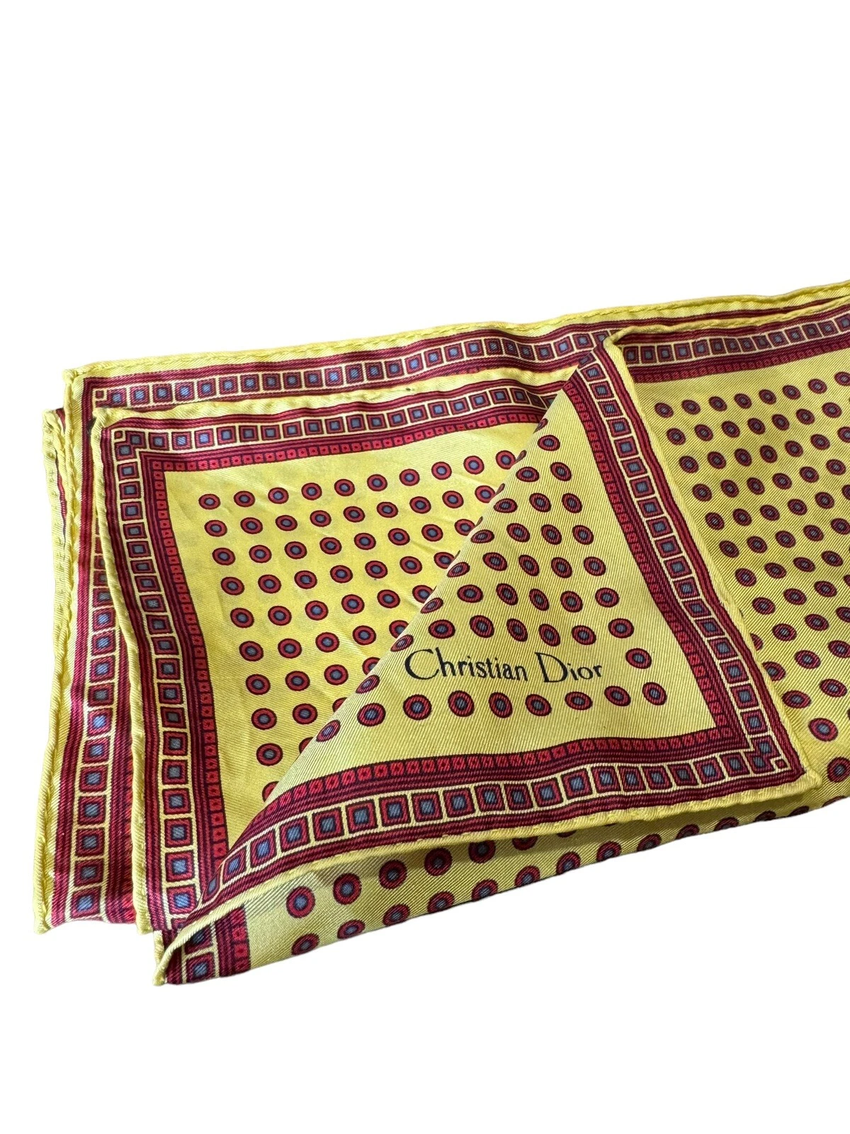 Écharpe vintage CHRISTIAN DIOR 100 % soie 18 pouces carrés jaunes points rouges carrés carré poche