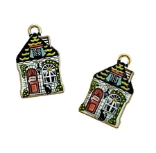 10 pcs Colorful Cottage House Charms Cat Black Gold Bead Drops 22x13mm