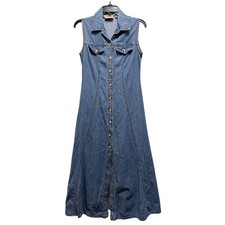 Vtg 90s Rio Denim Maxi Dress Womens 7 Blue Button Up Sleeveless Prairie Cottage