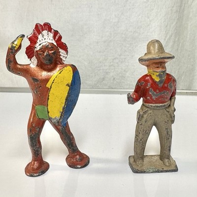 Vtg Cast Iron Cowboy & Indian Toy Figures 
