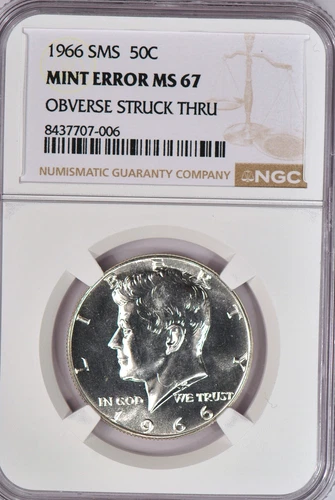 1966 SMS Kennedy Half Dollar Struck Thru NGC MS 67 Mint Error Silver Coin 50C