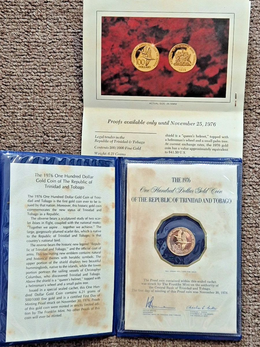 1976 $100 Gold Coin Republic of Trinidad and Tobago 6.21 gr 0.500