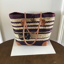 Borsa a mano J McLaughlin tote bag borsetta bordo in paglia e pelle grande EXC $398 donna