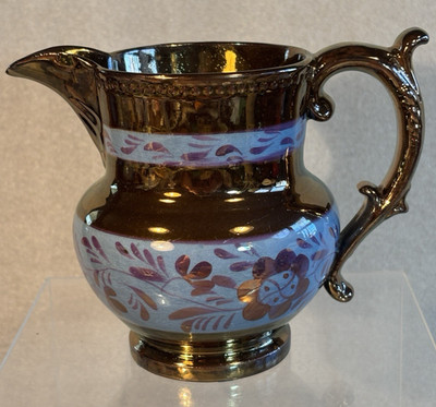 Copper Lusterware 4'' Creamer Pitcher Light Blue Flowers  Staffordshire England