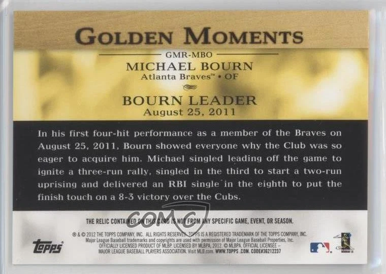 2012 Topps Golden Moments Relics Series 2 Gold /99 Michael Bourn #GMR-MBO - Image 2 of 2