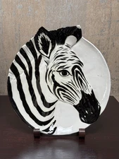 Handmade Ceramic Plate Zebra Face Black White Animal Art Wall Decor 8.75"