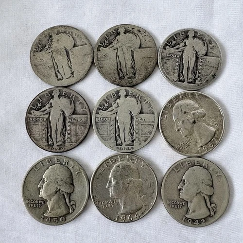 Lot Of 9- 90 % Silver Washington & Standing Liberty Quarters  Misc. Dates