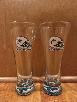 Set Of 2 VTG Miami Dolphins 7'' Pilsner Style Glasses W/ Dolphin Bottom Print