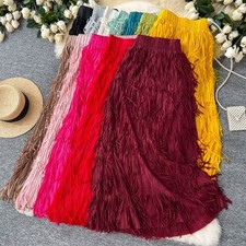 Women Tassel Midi Skirt Tiered Elastic High Waist A-line Casual Party Club Cake