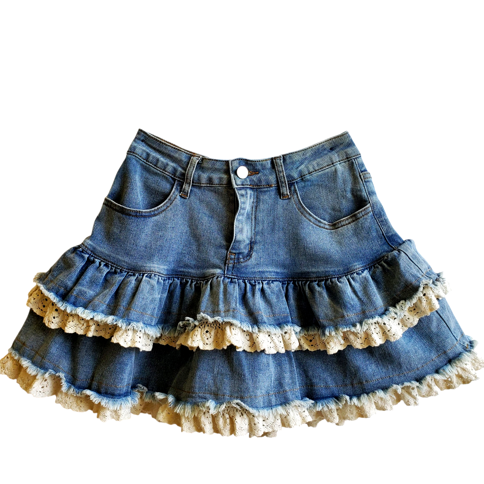 VTG WESTERN Cowgirl Denim Ruffle Mini Skirt Small Boho Chic Fairy Coquette Y2K