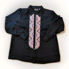 Vintage Bob Mackie Wearable Art Button Up Tunic Black Size M Floral Embroidery