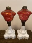 Antique 10” STARS Oil Kerosene TABLE Lamp Milk Glass Base Cranberry