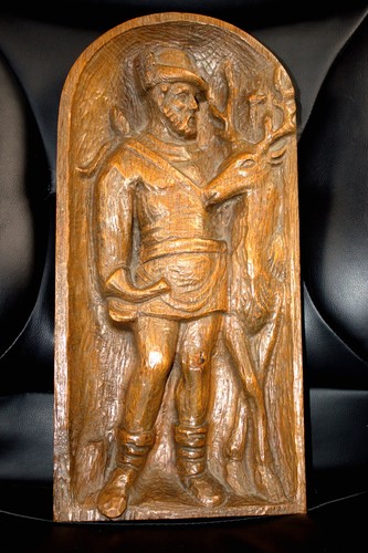 ANTIQUE 19" x 9" HAND CARVED WOOD CATHOLIC PATRON SAINT HUBERT HIGH WALL RELIEF