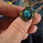Vintage Turquoise Poison Ring Sterling Silver Ornate Hinged Pill Box Locket Ring