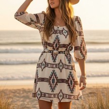 Southwestern Aztec Three Pink Hearts Cream Teal Boho Mini Dress Size L Large